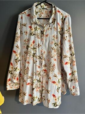 Rose & Olive White Button-Up Blouse with Orange & Green Floral Motif